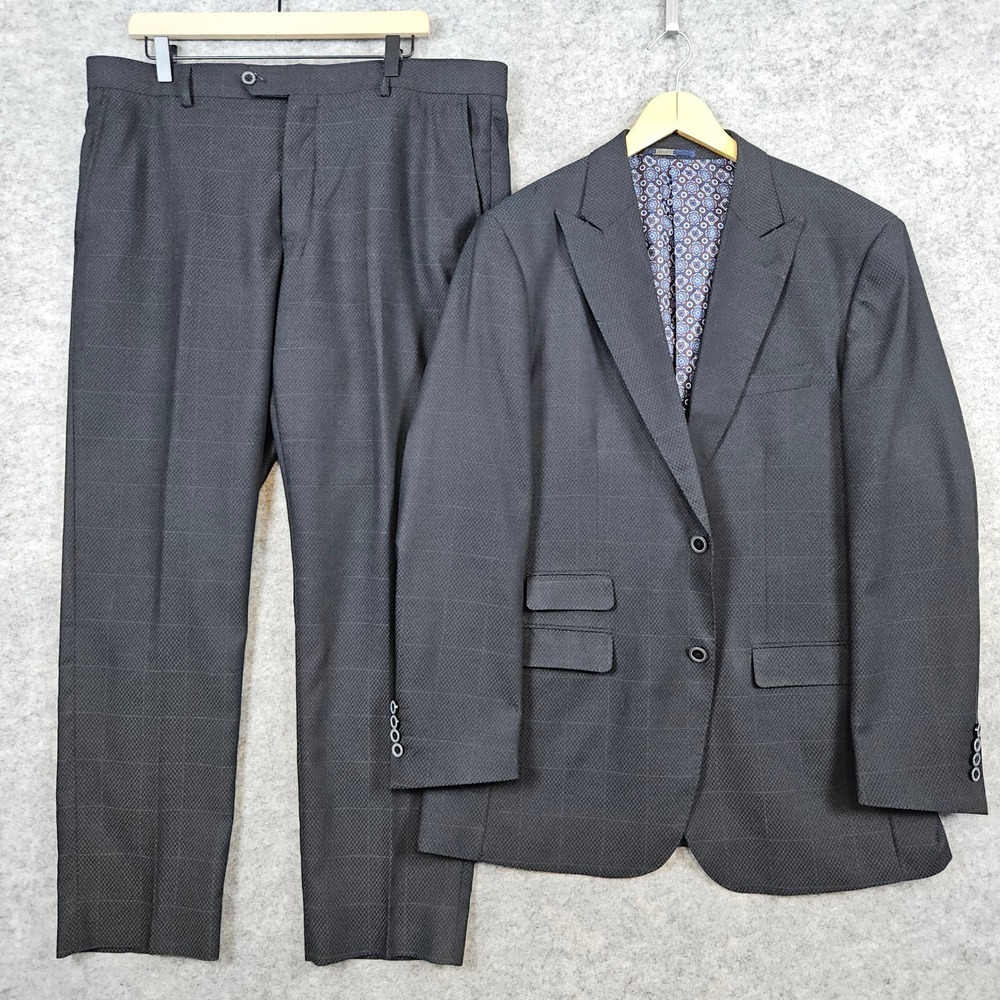 Statement Italy‎ Black Geometric Windowpane 2-Pc Super 200s Wool 44L 39x30 FLAW